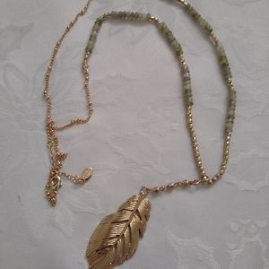Gemstone goldtone feather pendant long necklace